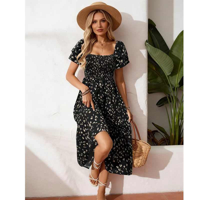 ⏰ 50% OFF ✨Women's Square Neck Smocked Floral Midi Dress