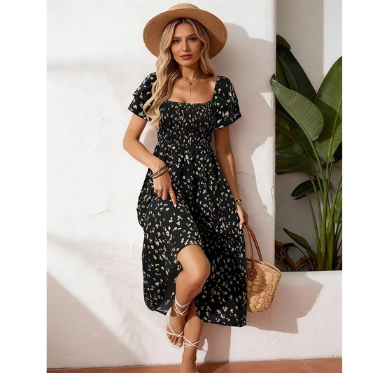 ⏰ 50% OFF ✨Women's Square Neck Smocked Floral Midi Dress