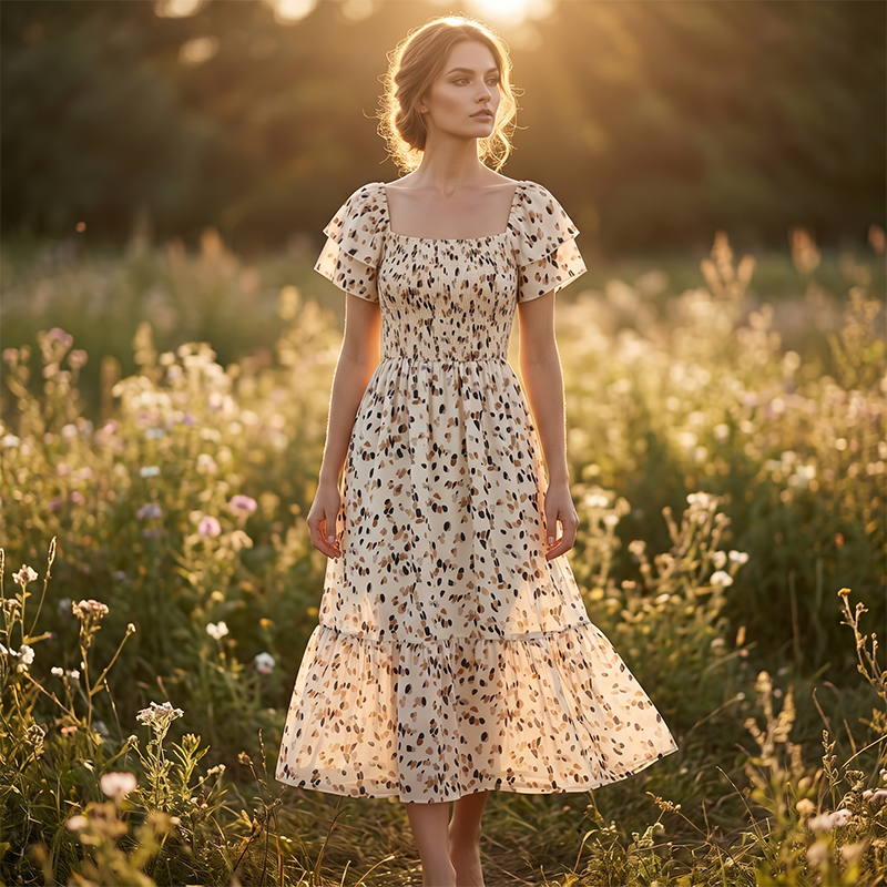 ⏰ 50% OFF ✨Women's Square Neck Smocked Floral Midi Dress