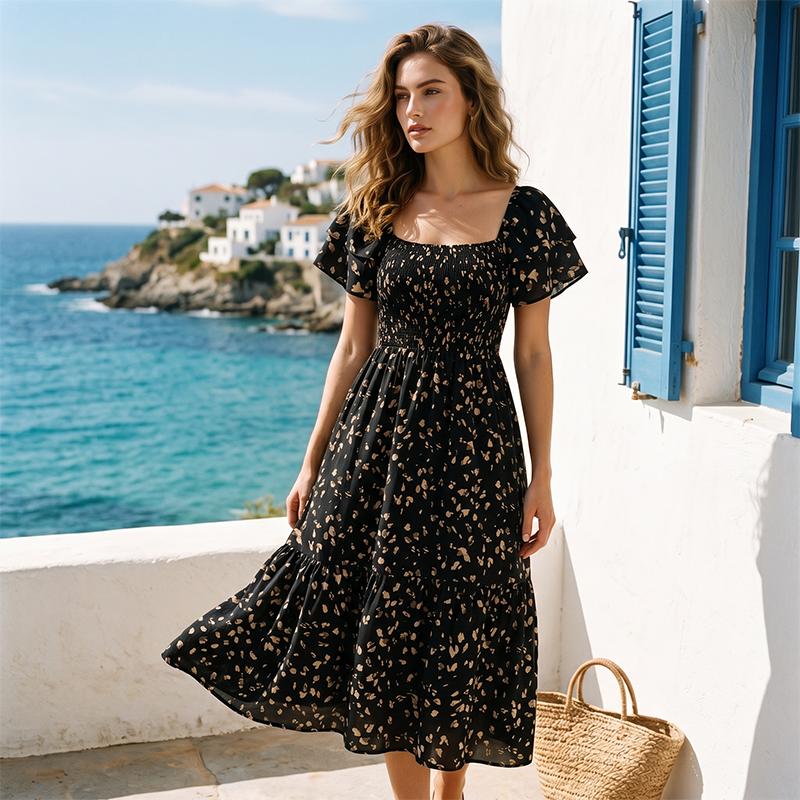 ⏰ 50% OFF ✨Women's Square Neck Smocked Floral Midi Dress