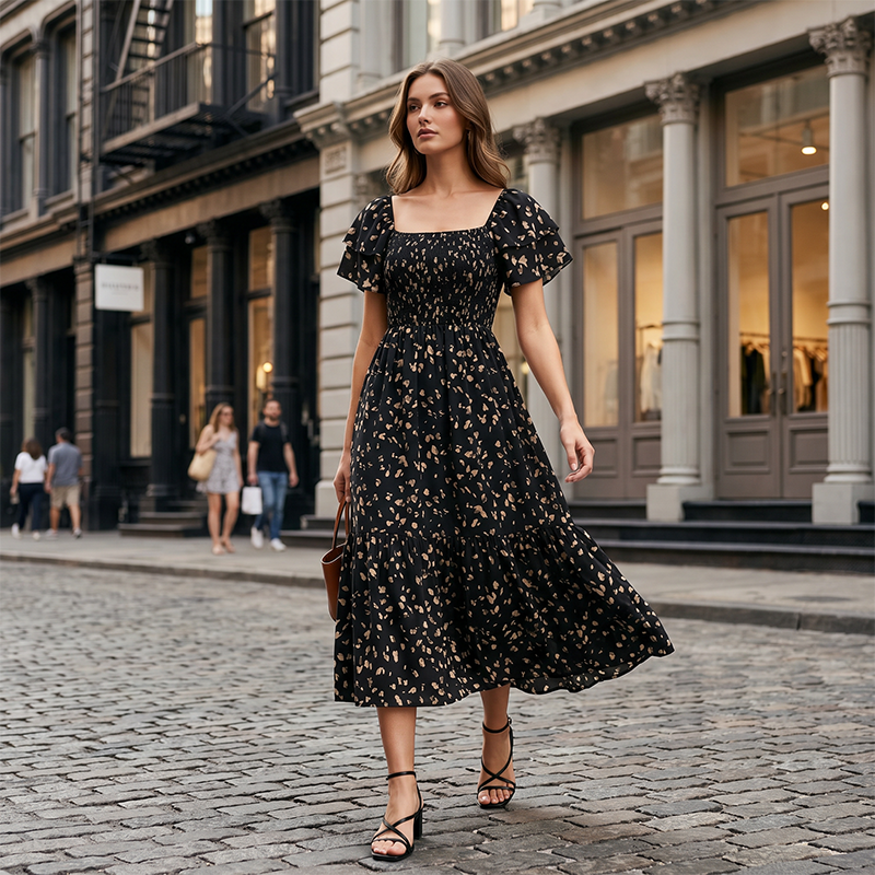 ⏰ 50% OFF ✨Women's Square Neck Smocked Floral Midi Dress