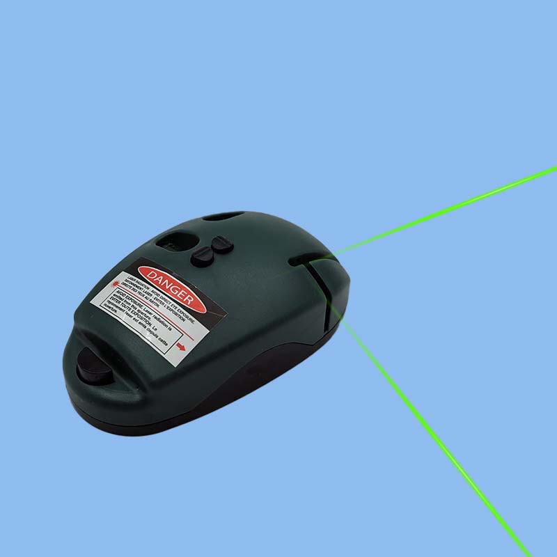 Green laser level projects two lines on blue background