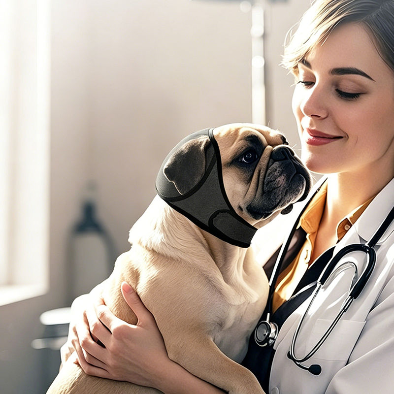 Dog calming hoodie during veterinarian or grooming care
