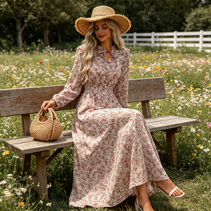 LIMITED-TIME 50% OFF! ✨Women's Elegant Floral Maxi Dress | Tie-Front V-Neck Smocked Waist Ruffled Sleeve Holiday Dress