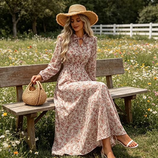 LIMITED-TIME 50% OFF! ✨Women's Elegant Floral Maxi Dress | Tie-Front V-Neck Smocked Waist Ruffled Sleeve Holiday Dress