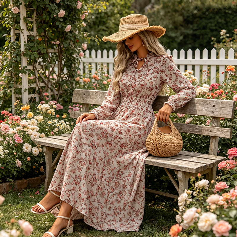 LIMITED-TIME 50% OFF! ✨Women's Elegant Floral Maxi Dress | Tie-Front V-Neck Smocked Waist Ruffled Sleeve Holiday Dress