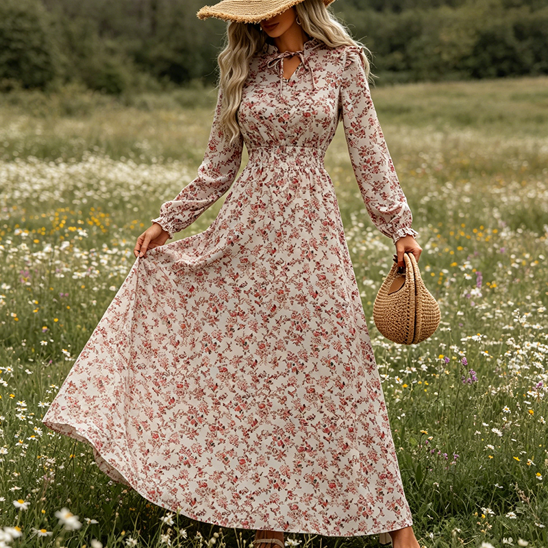 LIMITED-TIME 50% OFF! ✨Women's Elegant Floral Maxi Dress | Tie-Front V-Neck Smocked Waist Ruffled Sleeve Holiday Dress