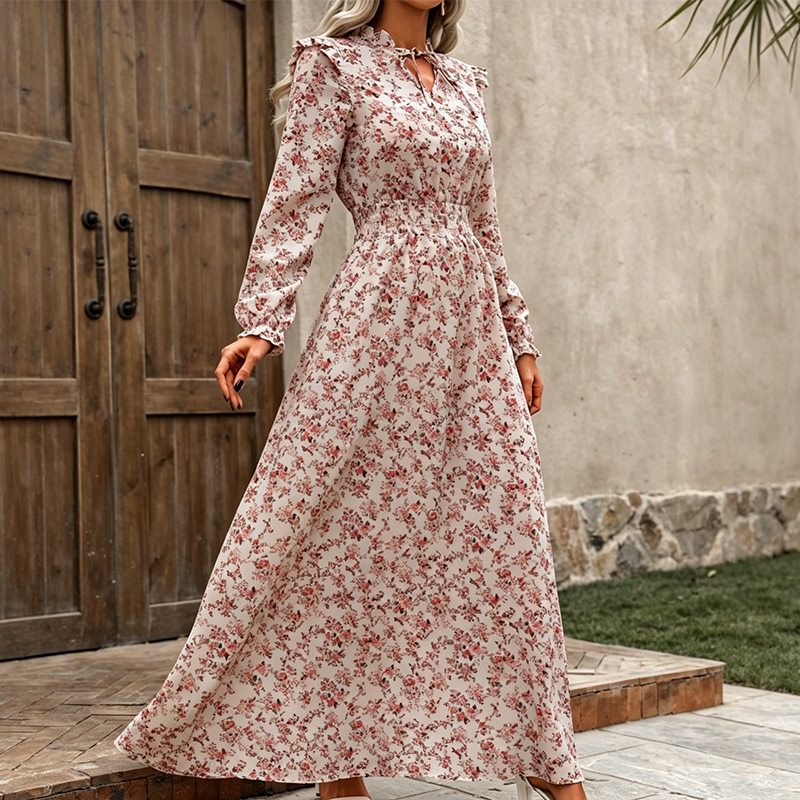 LIMITED-TIME 50% OFF! ✨Women's Elegant Floral Maxi Dress | Tie-Front V-Neck Smocked Waist Ruffled Sleeve Holiday Dress