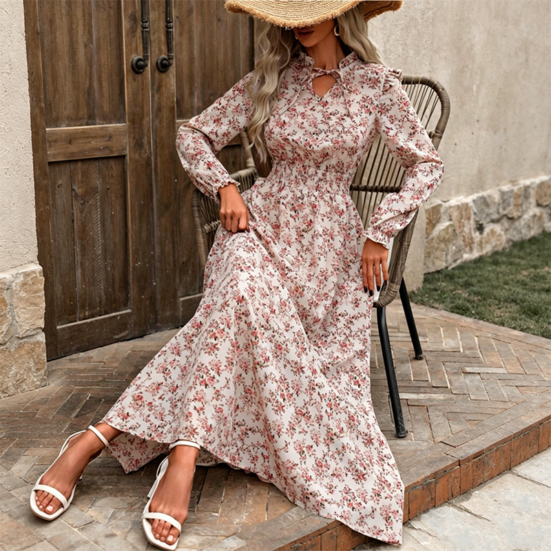 LIMITED-TIME 50% OFF! ✨Women's Elegant Floral Maxi Dress | Tie-Front V-Neck Smocked Waist Ruffled Sleeve Holiday Dress