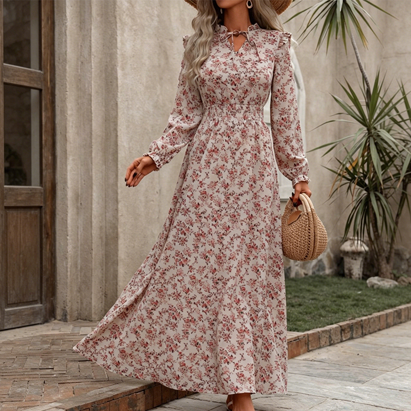 LIMITED-TIME 50% OFF! ✨Women's Elegant Floral Maxi Dress | Tie-Front V-Neck Smocked Waist Ruffled Sleeve Holiday Dress
