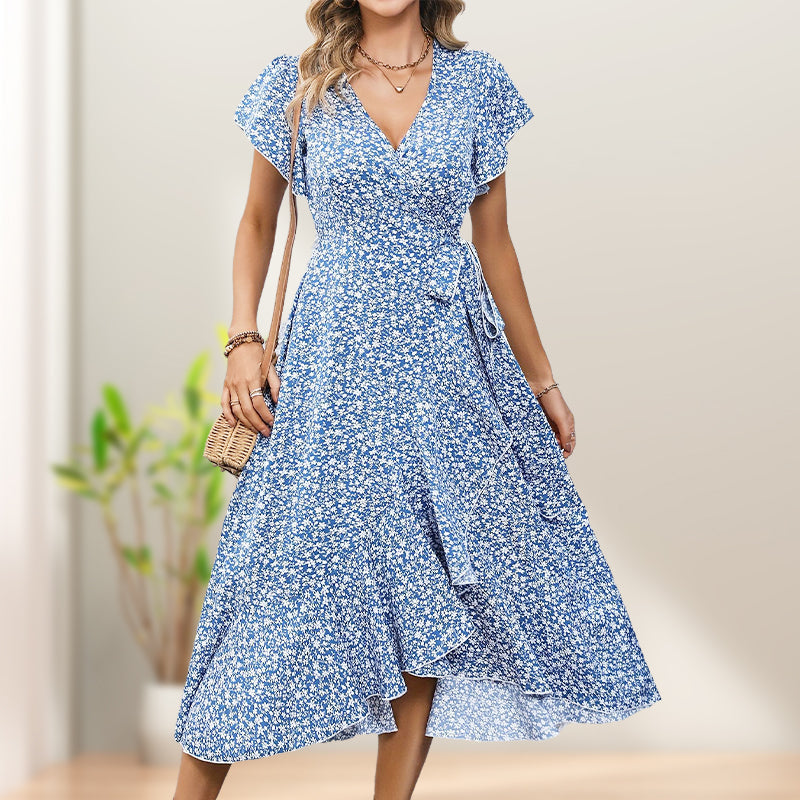 Women’s Summer Elegant V Neck Tie Waist Flowy Floral Dress