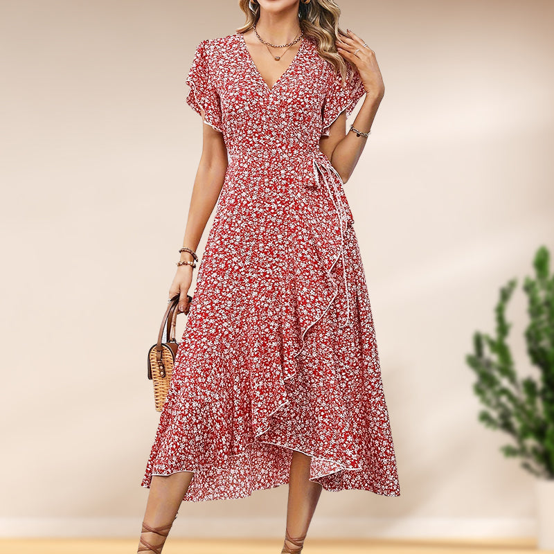Women’s Summer Elegant V Neck Tie Waist Flowy Floral Dress