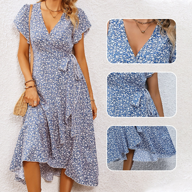 Women’s Summer Elegant V Neck Tie Waist Flowy Floral Dress