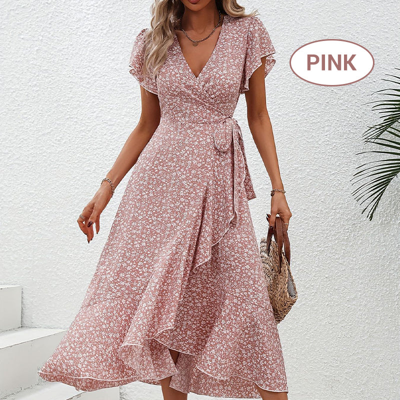 Women’s Summer Elegant V Neck Tie Waist Flowy Floral Dress