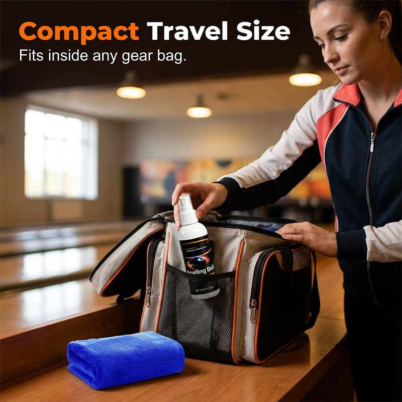Compact travel size bowling ball cleaner spray in bowling alley