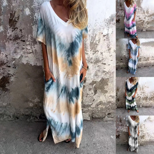 🌞 FLASH SALE 50% OFF ! 👗 Casual Loose Printed V-Neck Long Dress – Polyester – Lightweight & Split Hem for Summer
