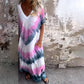 🌞 FLASH SALE 50% OFF ! 👗 Casual Loose Printed V-Neck Long Dress – Polyester – Lightweight & Split Hem for Summer