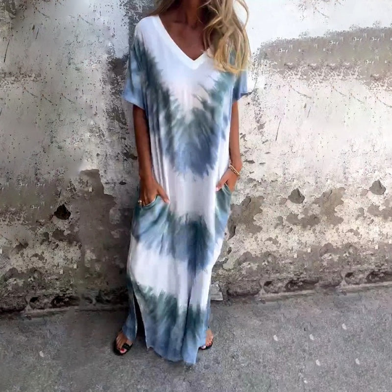 🌞 FLASH SALE 50% OFF ! 👗 Casual Loose Printed V-Neck Long Dress – Polyester – Lightweight & Split Hem for Summer