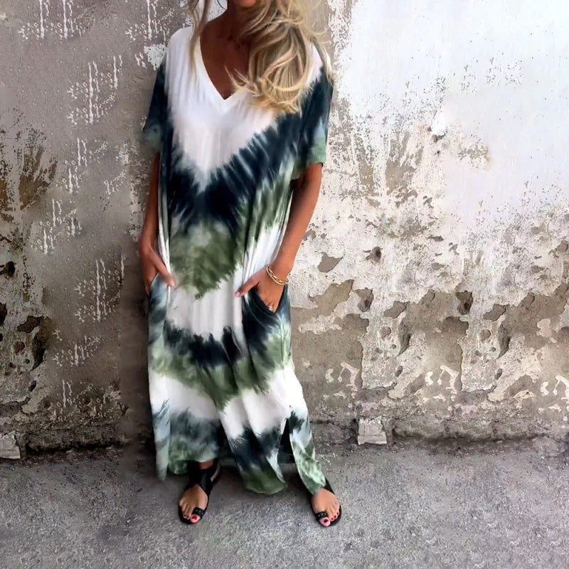 🌞 FLASH SALE 50% OFF ! 👗 Casual Loose Printed V-Neck Long Dress – Polyester – Lightweight & Split Hem for Summer