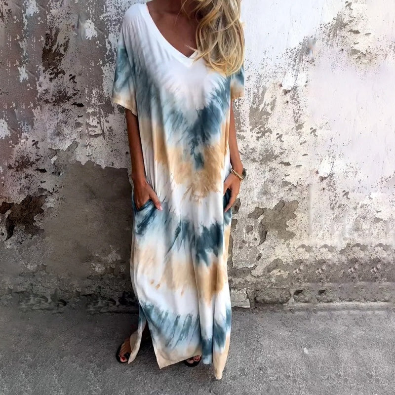 🌞 FLASH SALE 50% OFF ! 👗 Casual Loose Printed V-Neck Long Dress – Polyester – Lightweight & Split Hem for Summer