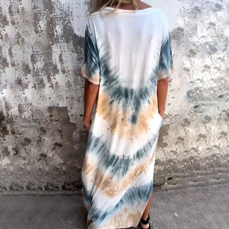 🌞 FLASH SALE 50% OFF ! 👗 Casual Loose Printed V-Neck Long Dress – Polyester – Lightweight & Split Hem for Summer