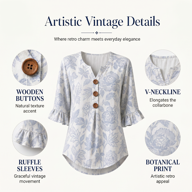 👚 Women's Summer Floral Top with Ruffle Sleeve — Lightweight V-Neck Blouse with Cascade Ruffle Detail