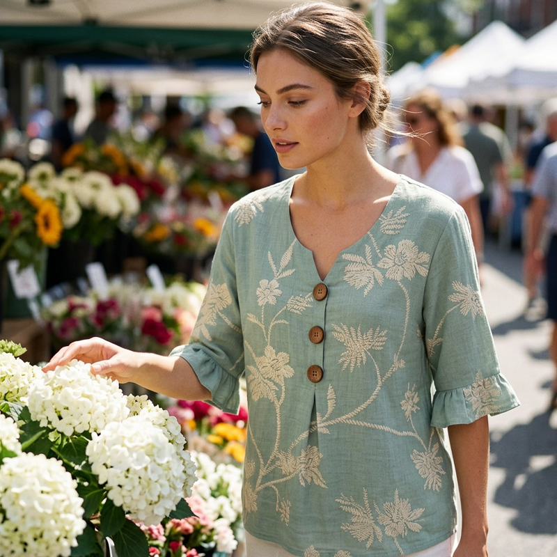 👚 Women's Summer Floral Top with Ruffle Sleeve — Lightweight V-Neck Blouse with Cascade Ruffle Detail