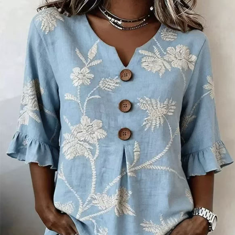 👚 Women's Summer Floral Top with Ruffle Sleeve — Lightweight V-Neck Blouse with Cascade Ruffle Detail