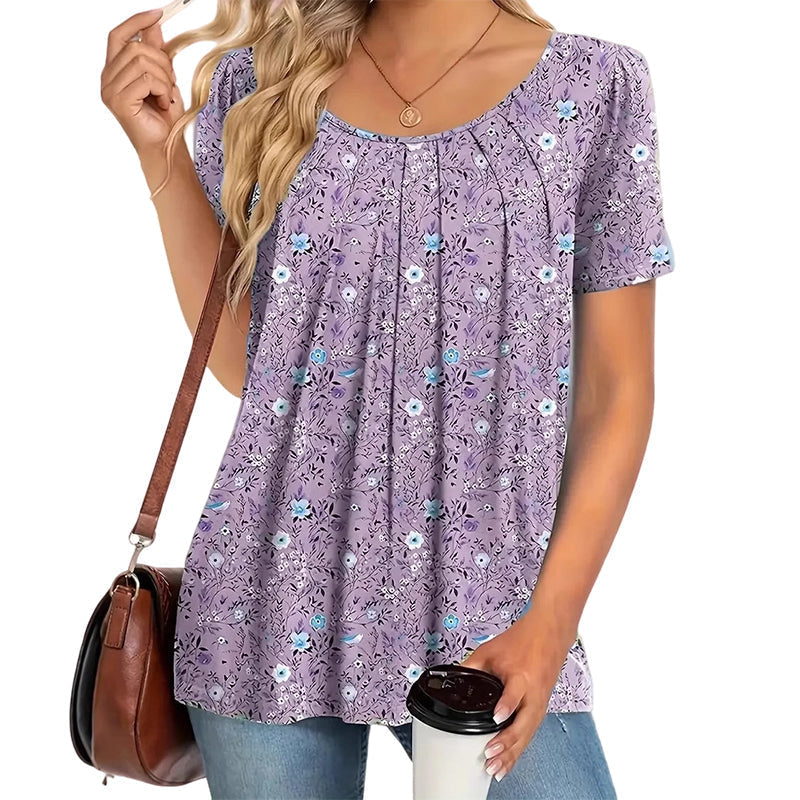 Women's Round Neck Short-Sleeved Floral Top