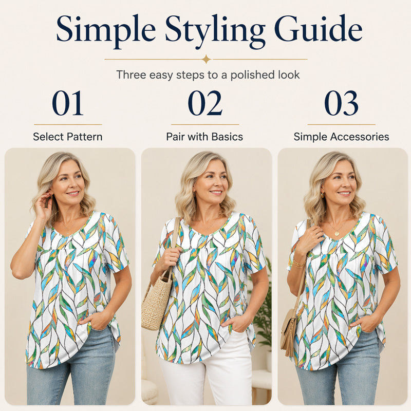 Women's V Neck Printed T-Shirt Casual Short Sleeve Pleated Top