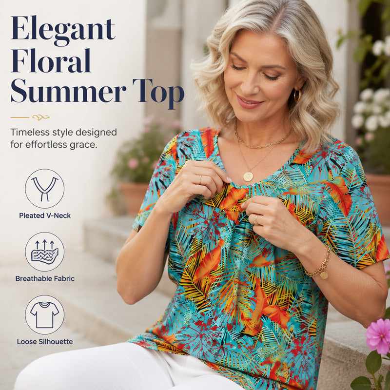 Women's V Neck Printed T-Shirt Casual Short Sleeve Pleated Top