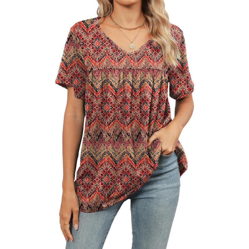 Women's V Neck Printed T-Shirt Casual Short Sleeve Pleated Top