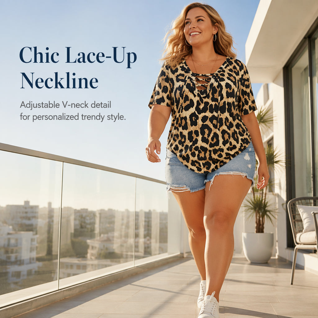 Women's Short Sleeve Leopard Lace-Up Loose Top