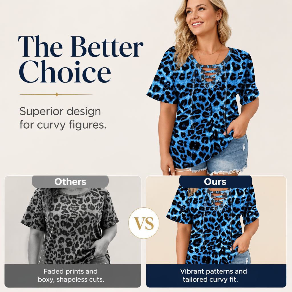 Women's Short Sleeve Leopard Lace-Up Loose Top