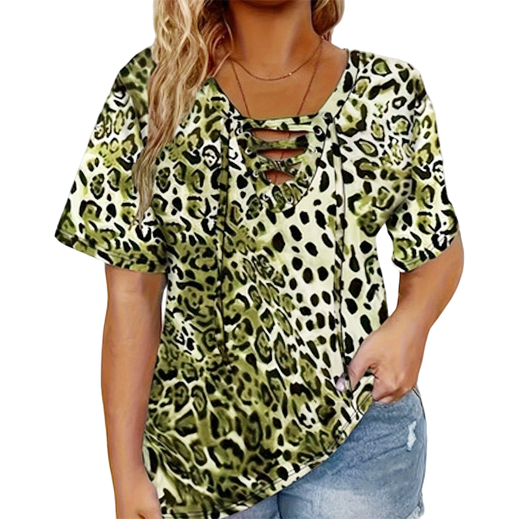 Women's Short Sleeve Leopard Lace-Up Loose Top