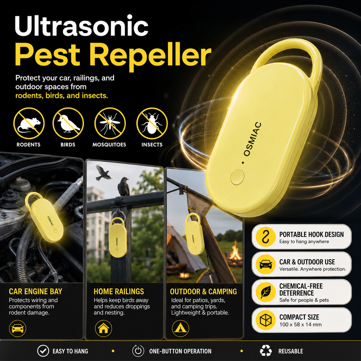 📢📢50% OFF !! ⏰Portable Ultrasonic Pest Repeller with Hanging Hook for Car