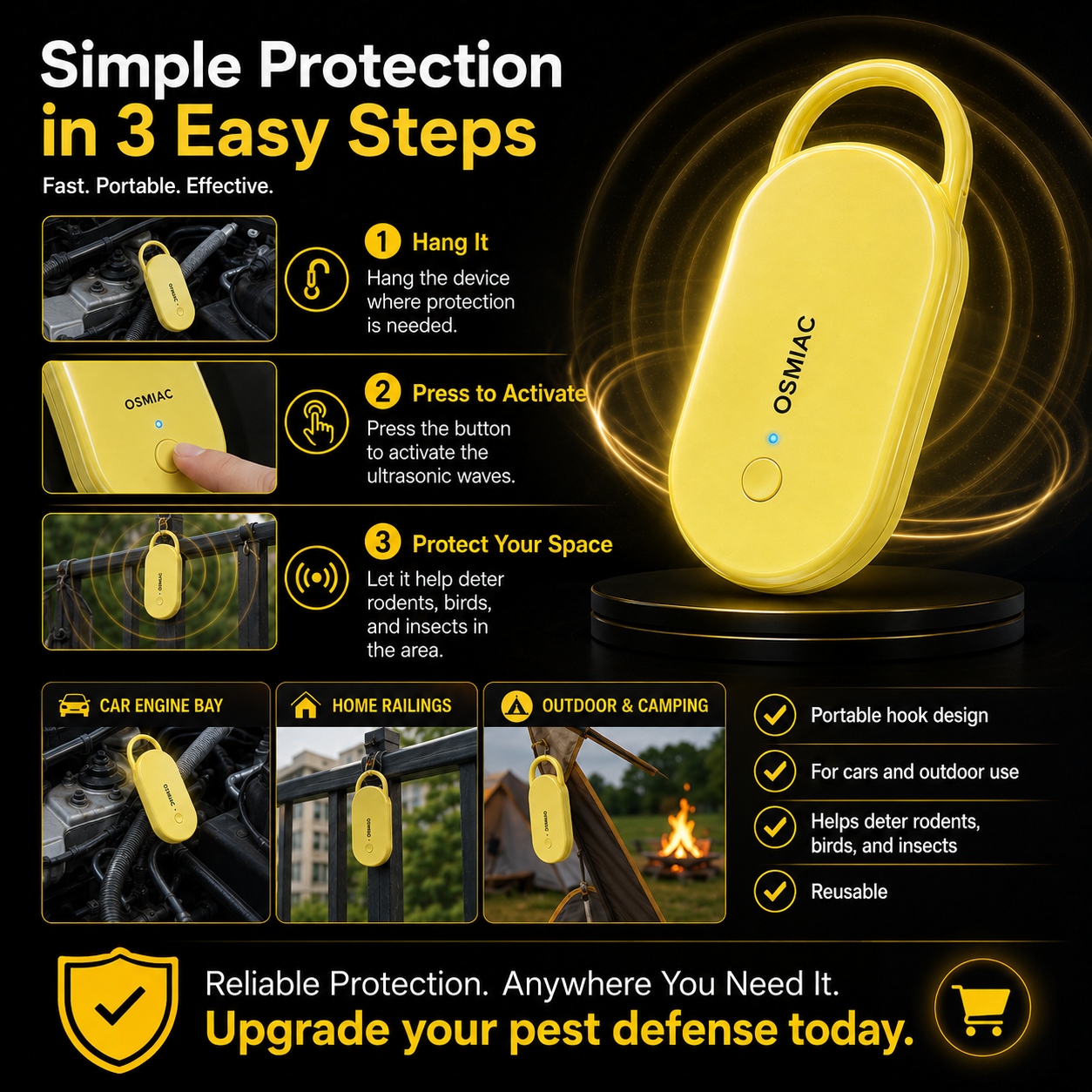 📢📢50% OFF !! ⏰Portable Ultrasonic Pest Repeller with Hanging Hook for Car