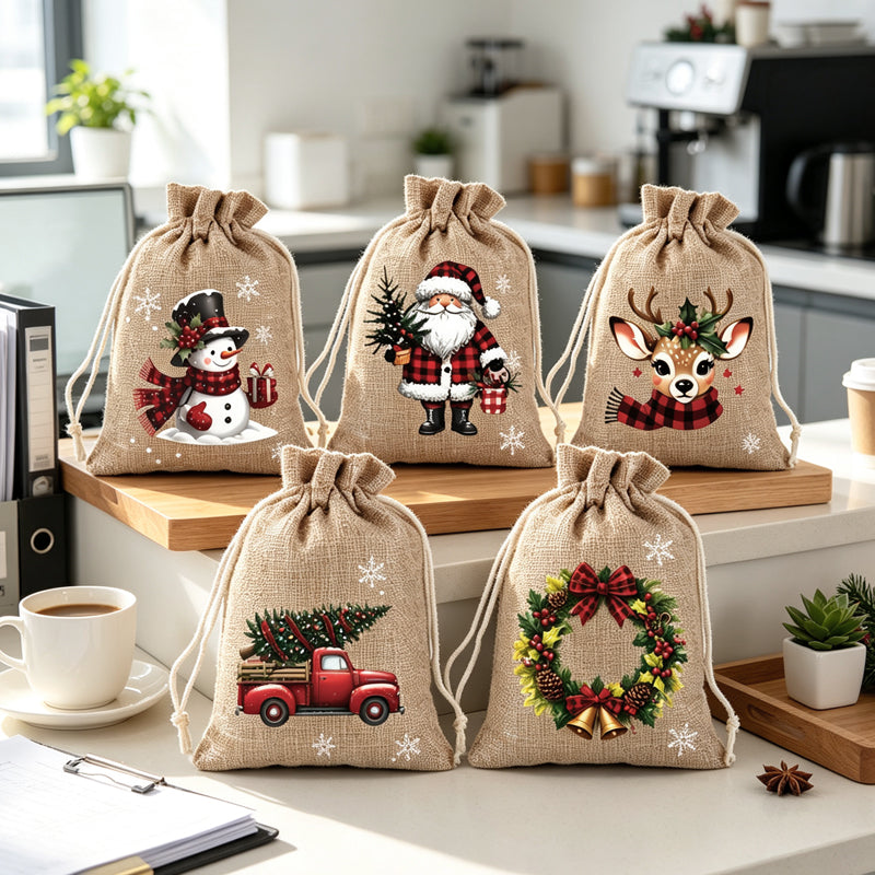 🎄 Christmas Drawstring Gift Bags – Santa & Reindeer Design, Reusable Fabric Gift Wrapping Bags
