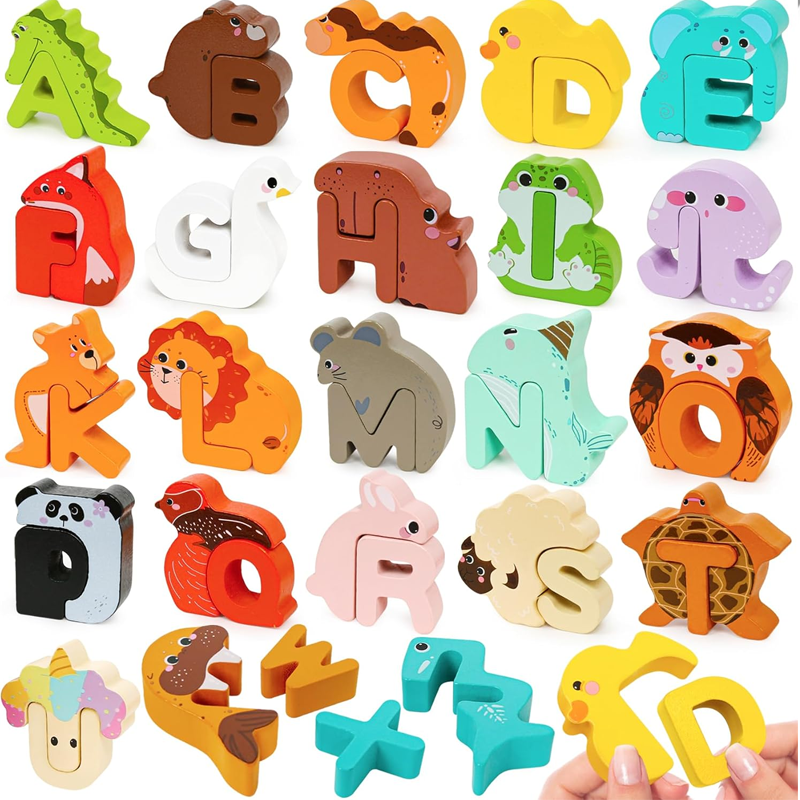 🔤 26-Piece Wooden Letter & Animal Matching Toy – Hands-On Alphabet Mastery, Vibrant Animal Illustrations & Child-Safe Design – Learning Made Fun ✨