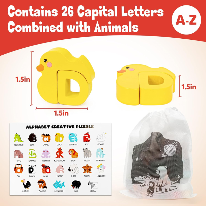 🔤 26-Piece Wooden Letter & Animal Matching Toy – Hands-On Alphabet Mastery, Vibrant Animal Illustrations & Child-Safe Design – Learning Made Fun ✨