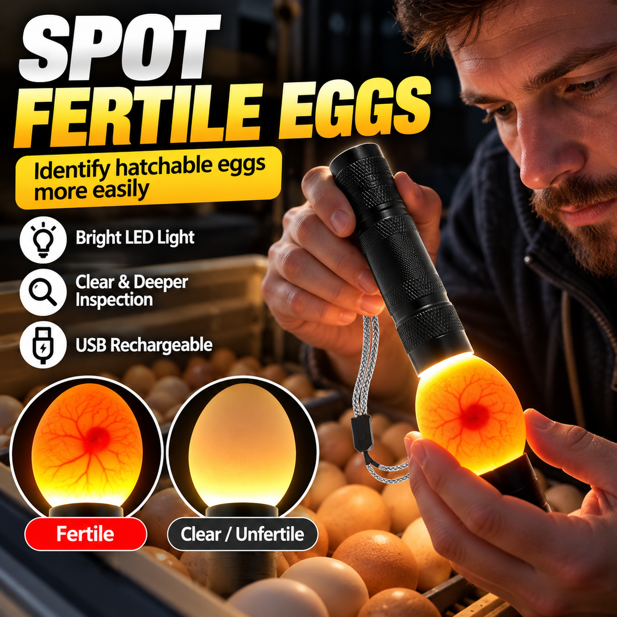 Rechargeable LED Egg Candler for Chicken and Quail Eggs