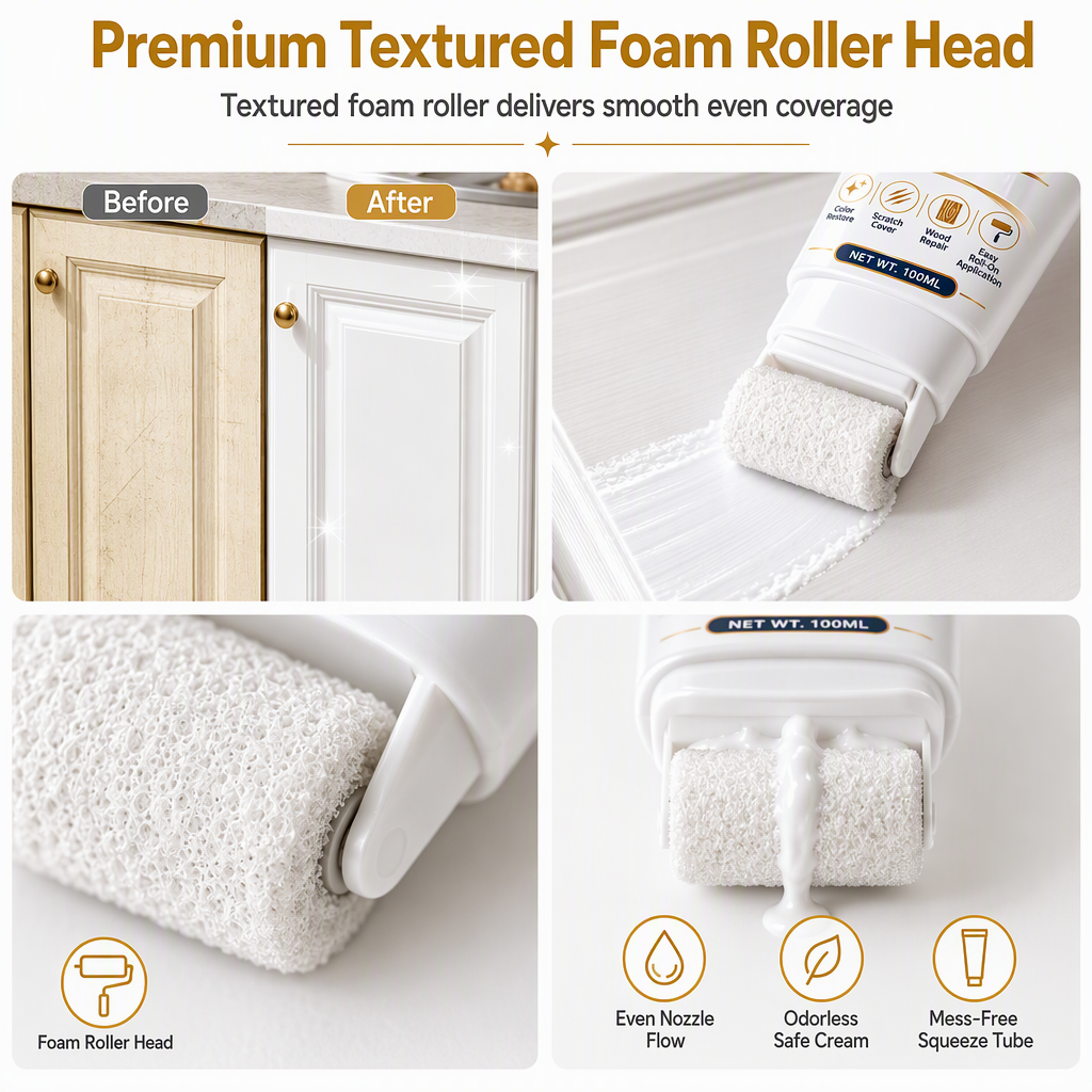 White Wood Furniture Touch-Up Paste | Built-in Foam Roller for Cabinets, Doors, Trim & Tables