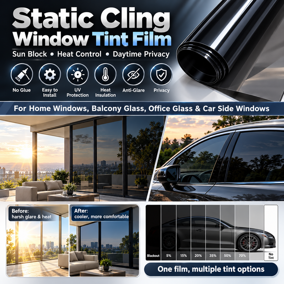 🎁🔥Multi-Purpose Scratch-Resistant Window Tint Film.Sun Control Film, Automotive and Residential Window Film, UV Protection, Heat Rejection, and Privacy