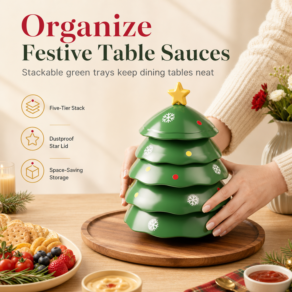 🎁2026 Christmas Sale🎅Creative Christmas Tree Shaped 5 Compartment Dipping Sauce Dish and Snack Serving Tray for Home Living Room