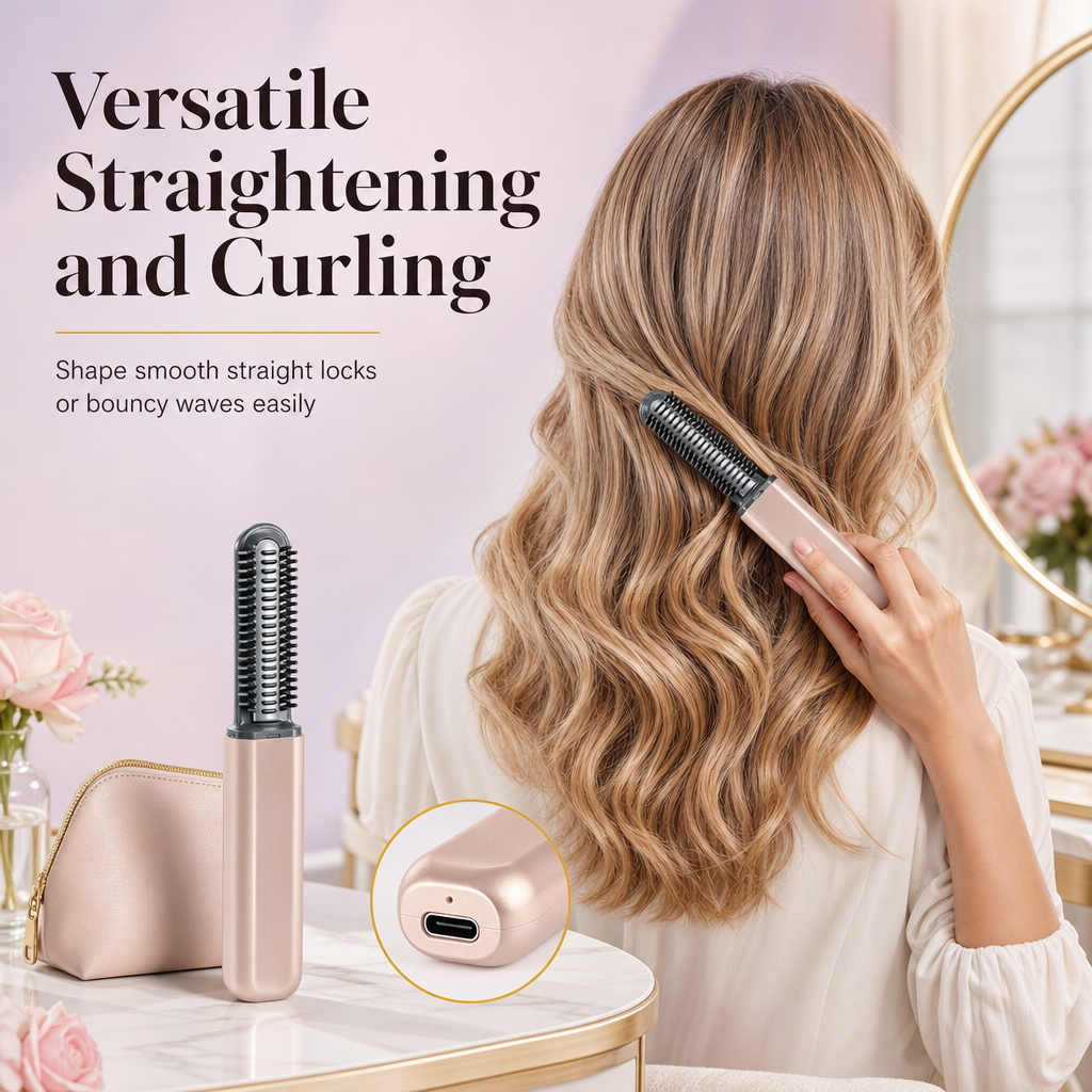 🎉50% Off! 👩Portable Cordless Mini Hair Straightener Brush USB Rechargeable Electric Heated Styling Comb for Bangs and Curling
