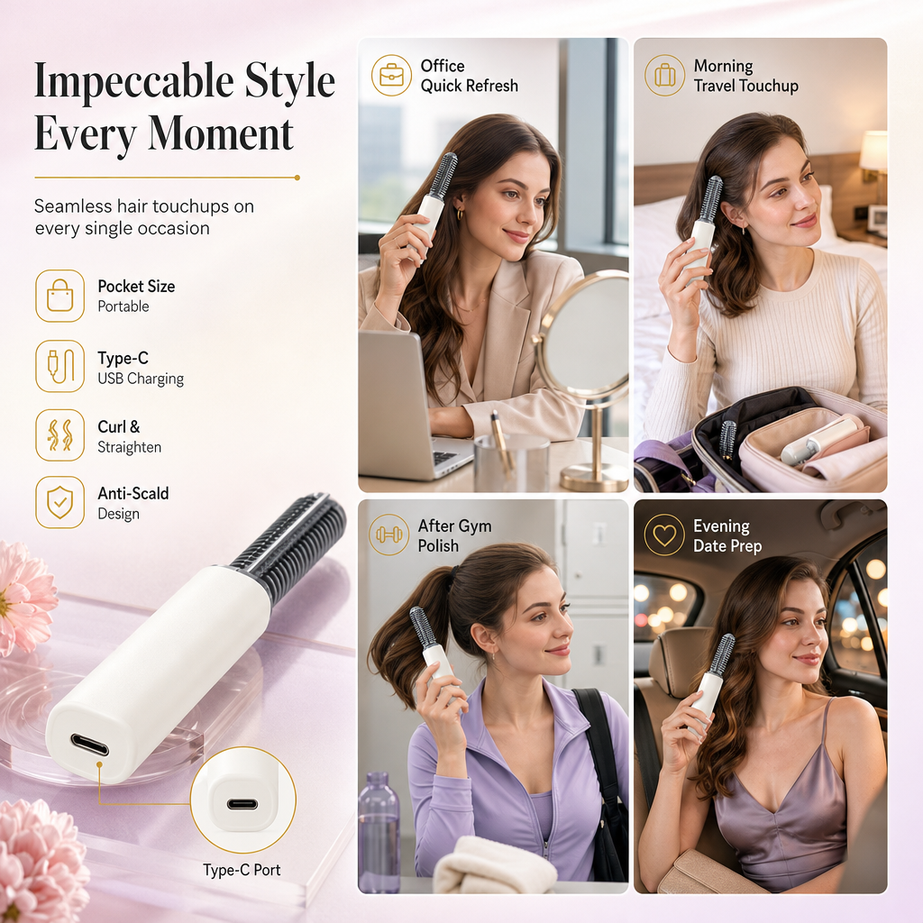 🎉50% Off! 👩Portable Cordless Mini Hair Straightener Brush USB Rechargeable Electric Heated Styling Comb for Bangs and Curling