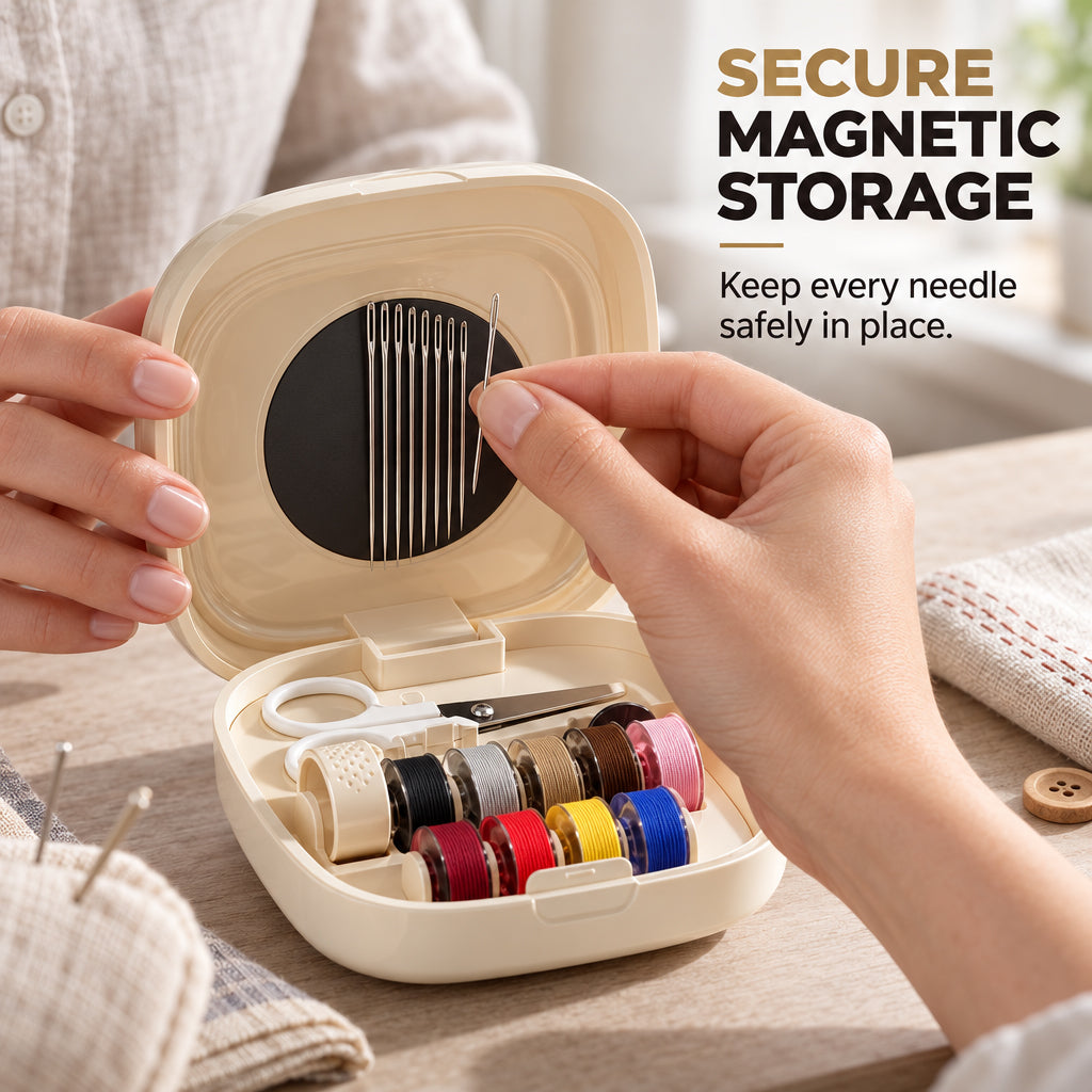 Mini Portable Magnetic Sewing Kit with Rolling Thread Spools