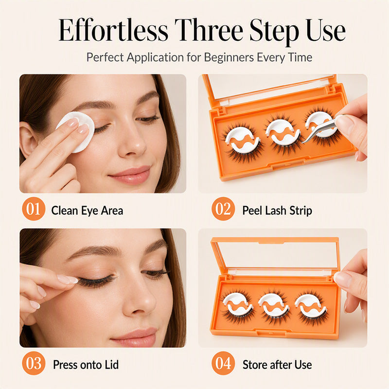 Self-Adhesive False Eyelashes, Reusable Glue-Free Lashes, 3D Natural Volume, 3 Pairs Set