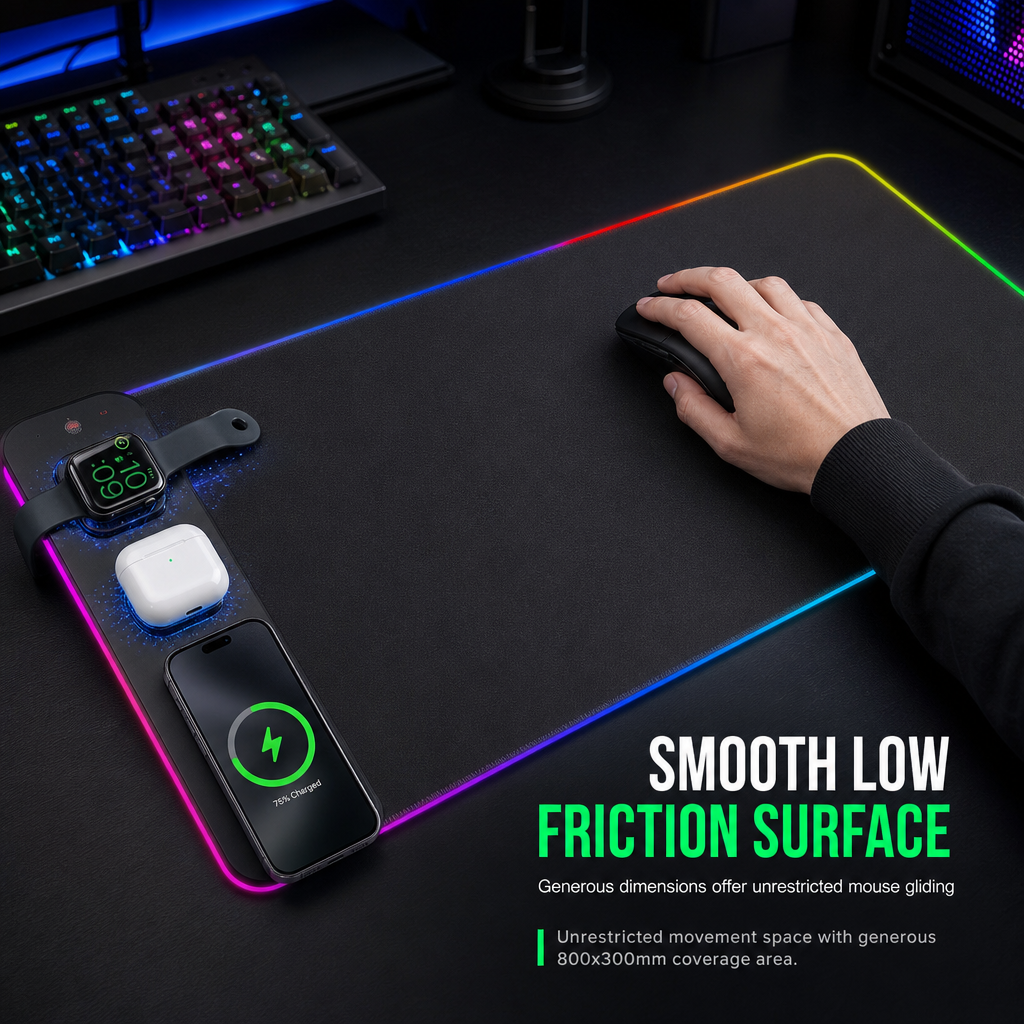 🔥50% OFF!!📢Essentials for Men!!👨🖥️ Large RGB Gaming Mouse Pad – 3-in-1 Wireless, Dirt-Resistant & 800×300×4mm ✨