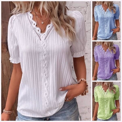 🎁✨Hot sale🔥V Neck Plain Lace Elegant Shirt✨🎁 - newbeew